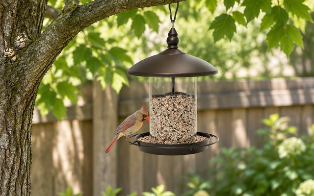 Youvip metal roof bird feeder, hanging from a tree branch beside a wooden fence, a finch feeding