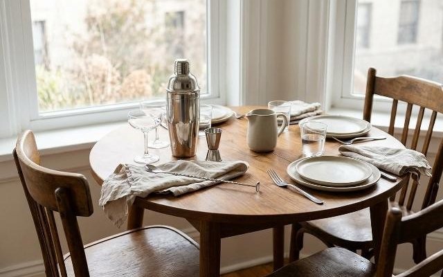 Stainless cobbler shaker, jigger and long bar spoon on a small dining table set for two by a window