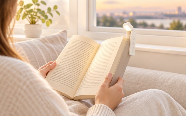 Gritin compact book light clipped to a paperback on a bright window seat