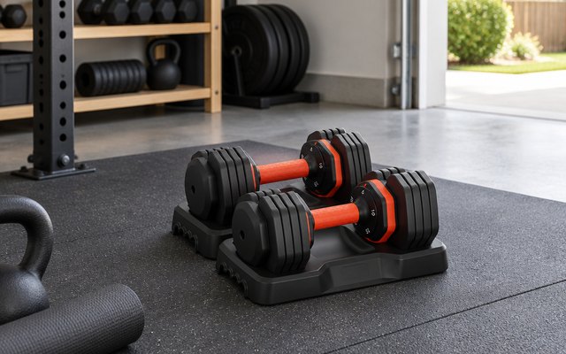 Pair of adjustable dumbbells, on a rubber mat in a tidy garage home gym