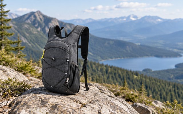 SKYSPER 20L daypack, set down on a rock at a mountain trailhead overlook