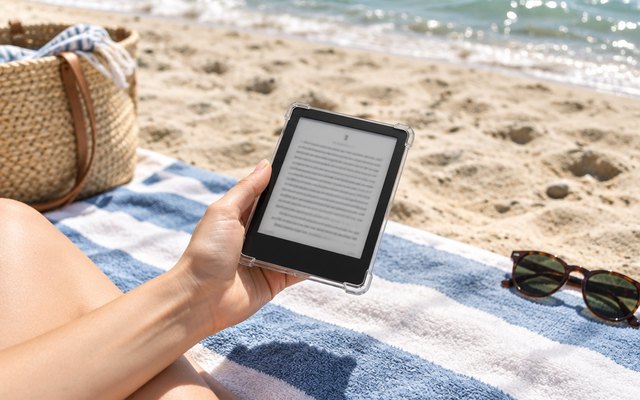 CoBak clear case on an e-reader at the beach