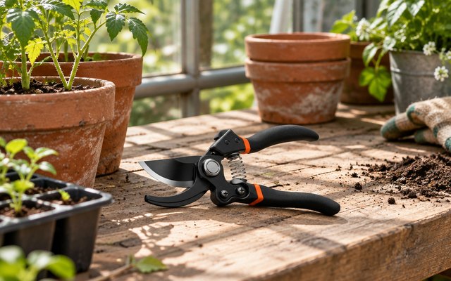 DECERK bypass secateurs, resting on a wooden potting bench in a sunny greenhouse beside terracotta pots and seedlings