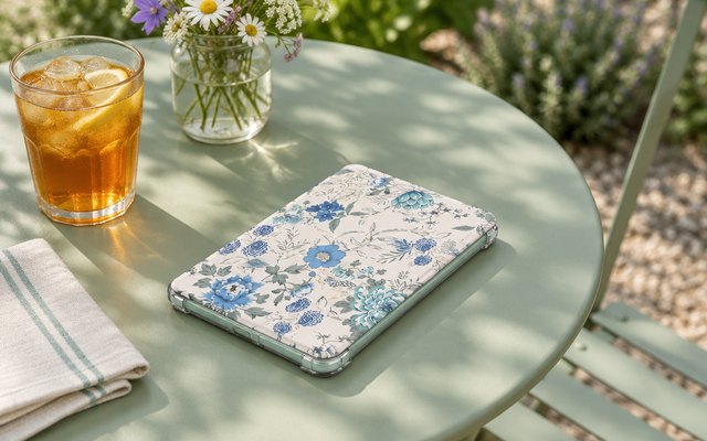 MoKo floral clear-back e-reader case on a garden bistro table