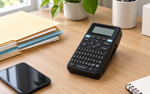 SUPVAN E11 label maker, on a home office desk beside file folders and a phone with a dark screen