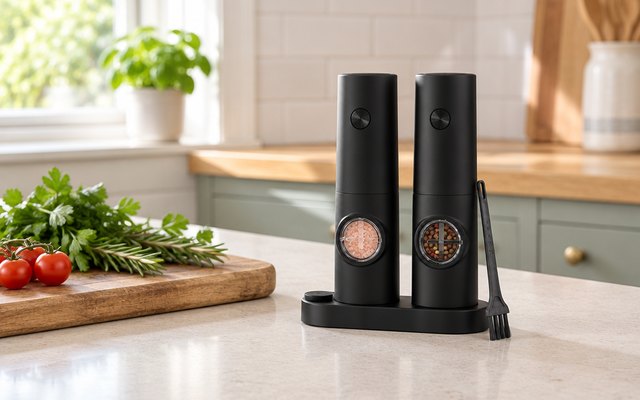 mwellewm electric salt and pepper grinders, a black pair in their base on a kitchen worktop