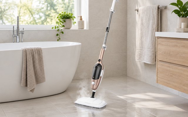 Mxnsewr steam mop, on a tiled bathroom floor beside a bathtub