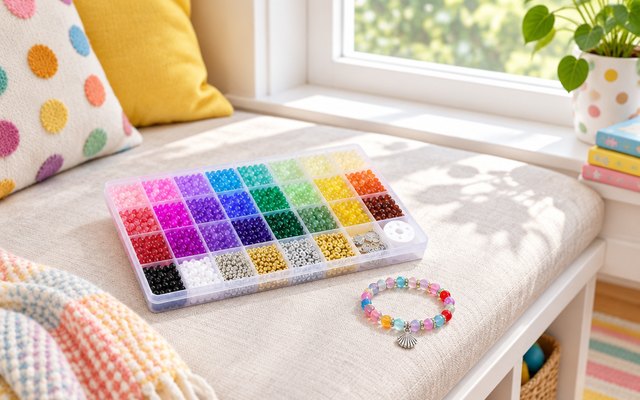 Glass bead bracelet kit box, on a window seat in a bright playroom, a finished sparkly bracelet beside it
