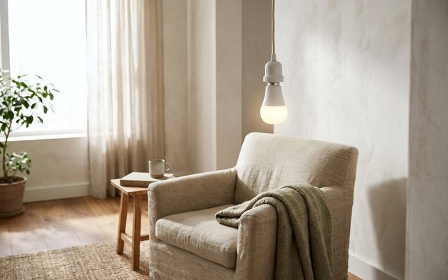 A white smart bulb glowing warm white in a bare ceramic pendant over a reading chair