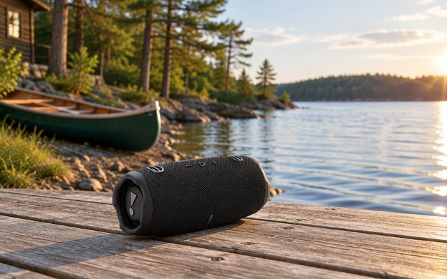 A black portable speaker on a wooden dock at a lake