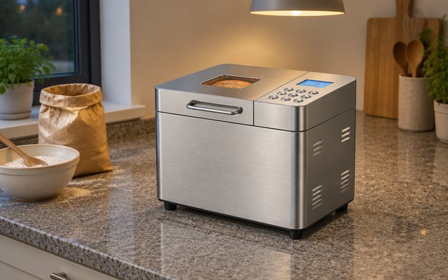 OSIPOTO 17-in-1 bread maker, on a gray granite counter in an evening-quiet kitchen beside a bag of flour, a pendant light glowing above