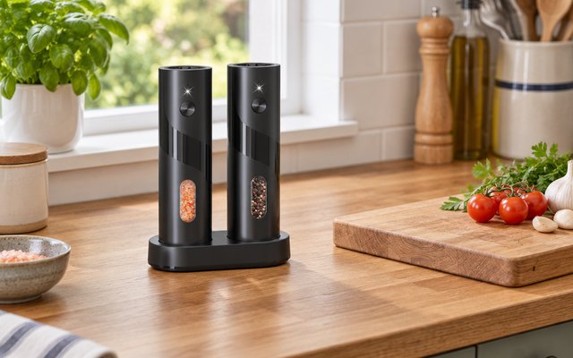 CIRCLE JOY rechargeable grinder set, on a wooden worktop in a kitchen beside a chopping board