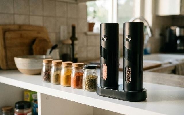 Two black electric salt and pepper grinders in their charging base on a white shelf beside spice jars