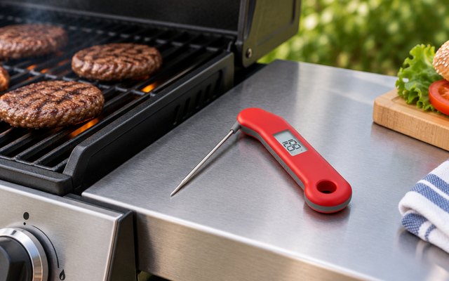 ThermoMaven HT04 thermometer, on the side shelf of a gas grill beside burgers on the grates