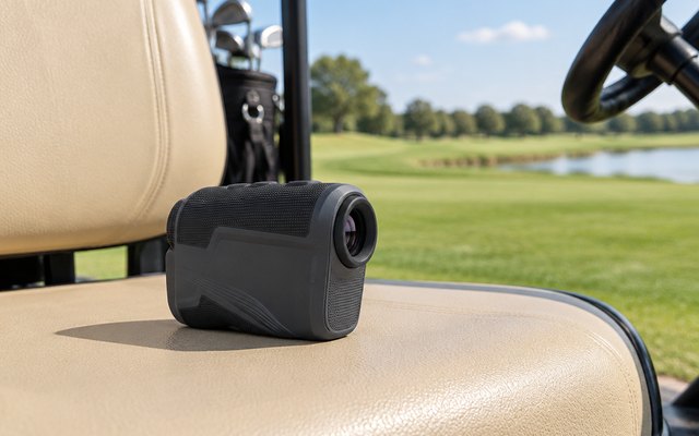 Acer SW-RF700 golf rangefinder, resting on the seat of a golf cart on a sunny course