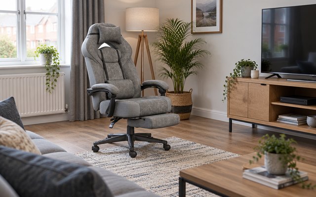 Gaming chair with footrest, in a British living room facing a TV stand