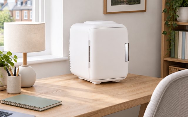 Subcold Classic4 mini fridge, on a desk in a bright home office