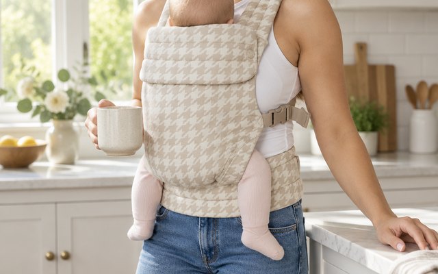Mabē Monarch Baby Carrier, baby carrier worn by a parent seen from the chest down, standing in a sunlit kitchen, a baby snug inside, faces out of frame