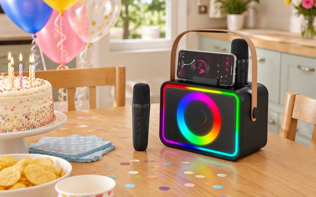 Wowstar K26 karaoke machine, in a kitchen-diner decorated for a birthday, balloons and a cake on the table