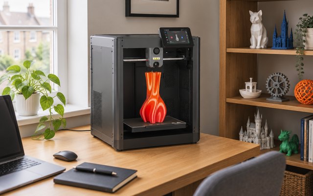Flashforge AD5M 3D printer, on a desk in a British home office beside a shelf of small printed models