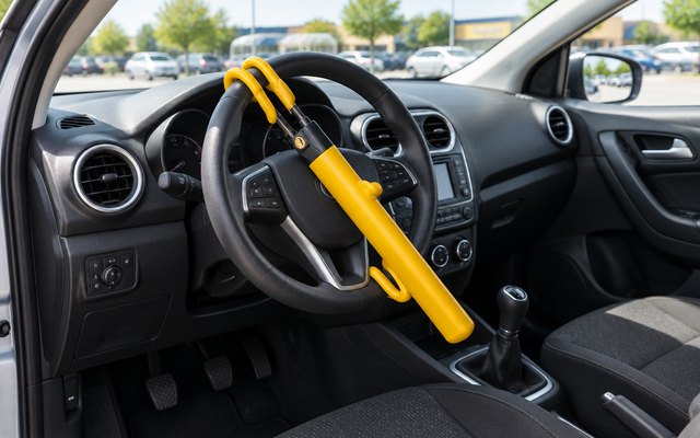 JETMORE steering wheel lock, inside a parked hatchback in a sunny supermarket parking lot