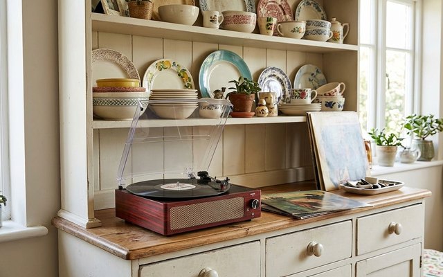 A compact wood-grain record player with a speaker grille and clear cover on a painted kitchen hutch