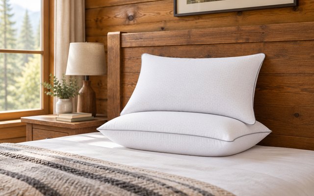 Sasttie firm pillows, stacked against a wooden headboard in a rustic cabin bedroom