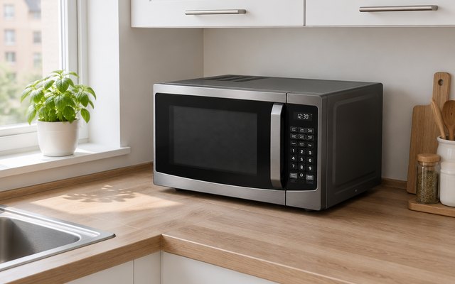 Toshiba 0.9 cu ft microwave, on a small apartment kitchen counter under white cabinets