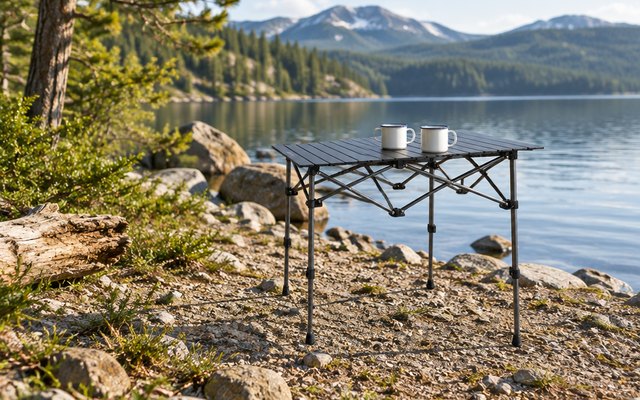 Byliable aluminum camping table, on a rocky lakeshore campsite with two enamel mugs on top