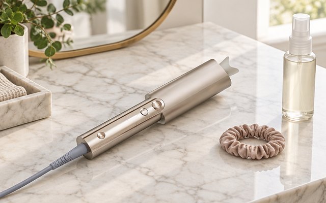 TYMO CurlPro Plus Automatic Curling Iron, automatic rotating curling iron resting on a marble vanity next to a hair tie and a perfume-free spray bottle