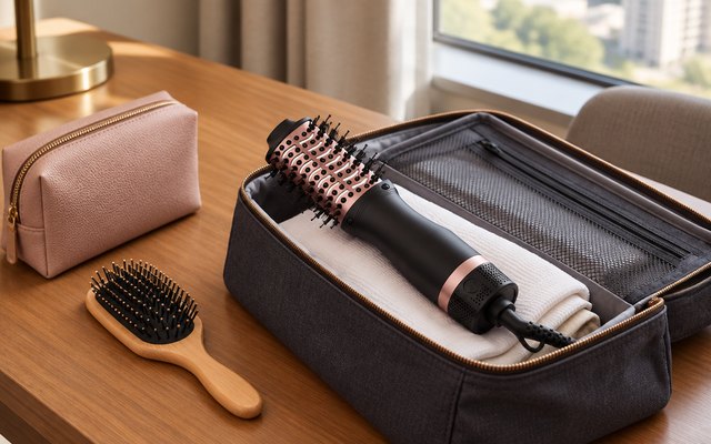 Compact hot air brush in a travel bag on a hotel desk