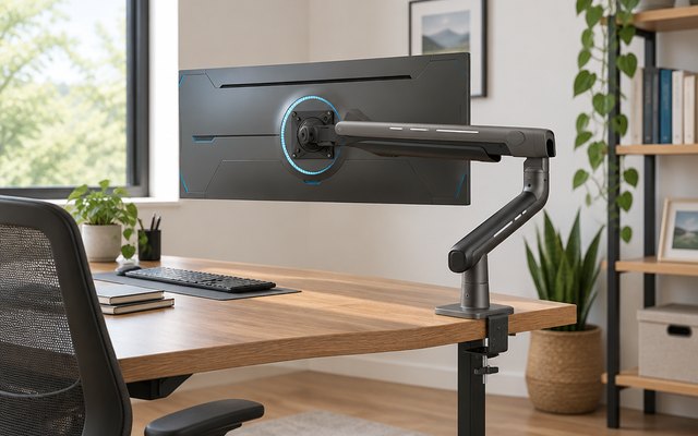 HUANUO TitanLift monitor arm, clamped to the back edge of a wooden desk, holding a large ultrawide monitor with a dark screen in a home office