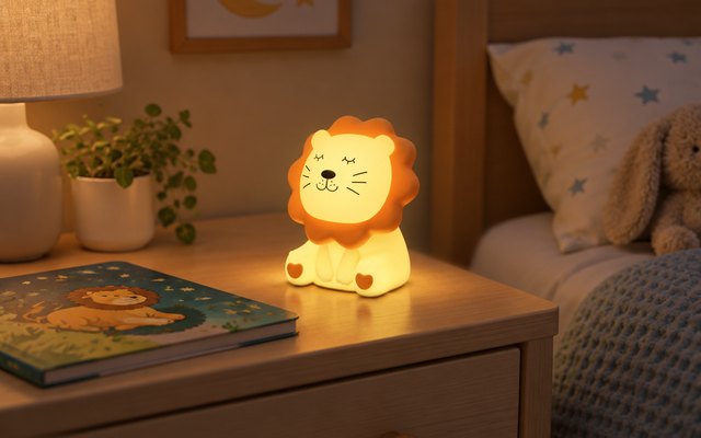 Lion night light, glowing on a bedside table in a child's bedroom at bedtime, a picture book beside it