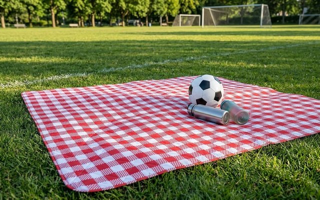 A red-and-white check picnic blanket on the grass at the edge of a soccer field, with a ball and two water bottles on it