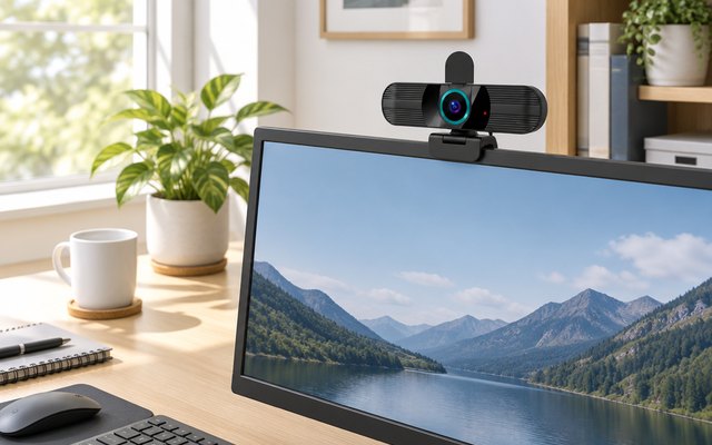 RUWBY 1080p Webcam with Tripod, webcam clipped on top of a monitor on a tidy desk in a bright home office