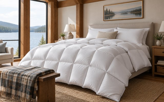 Pacific Coast feather and down comforter, on a king bed in a lake-house bedroom with exposed wooden beams, a plaid throw folded at the foot