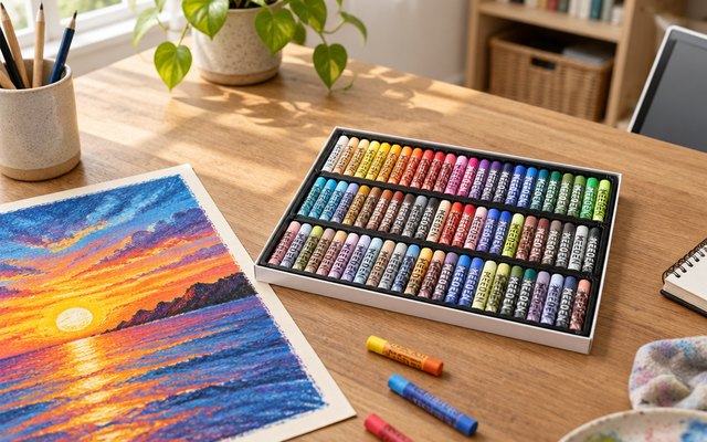 Oil pastels, open on a hobby-room table beside a vivid oil pastel sunset drawing