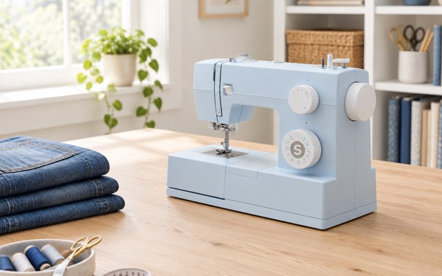 SINGER Heavy Duty 4423 sewing machine, on a sewing table in a bright craft room beside folded denim