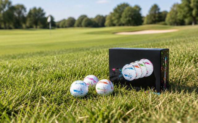 TaylorMade SpeedSoft Ink golf balls, in the light rough beside a sunny fairway
