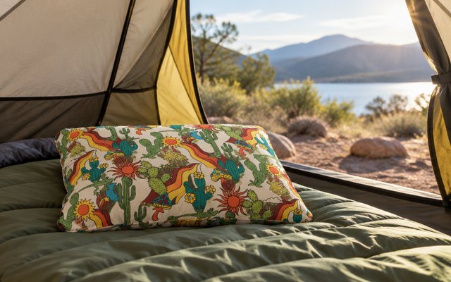 Therm-a-Rest camping pillow, inside a tent, morning light through the open door
