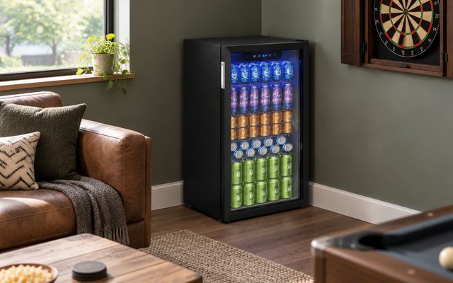 EUHOMY 126-can drinks fridge, in a games room beside a sofa