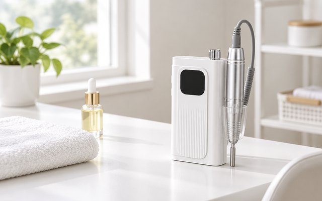 MelodySusie SC300F nail drill unit with its handpiece in the holder, on a white manicure table beside a towel and cuticle oil