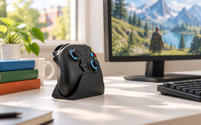8BitDo Ultimate 2, on its charging dock on a bright dorm desk next to a monitor