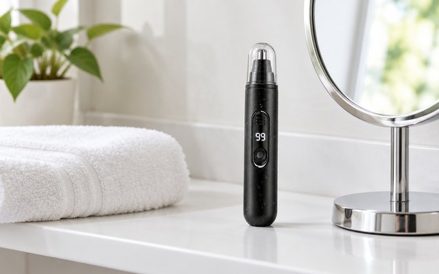 Small nose hair trimmer on a bathroom shelf