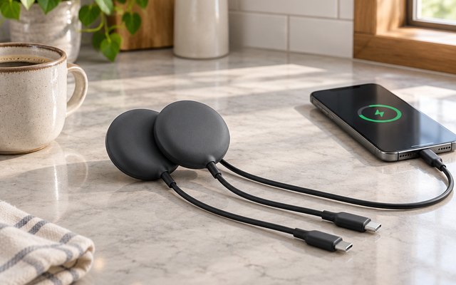 Anker Zolo Magnetic Wireless Charger, on a kitchen counter beside a coffee cup, phone charging