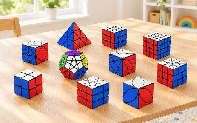 STEAM Life set of ten speed cubes and puzzles on a playroom table