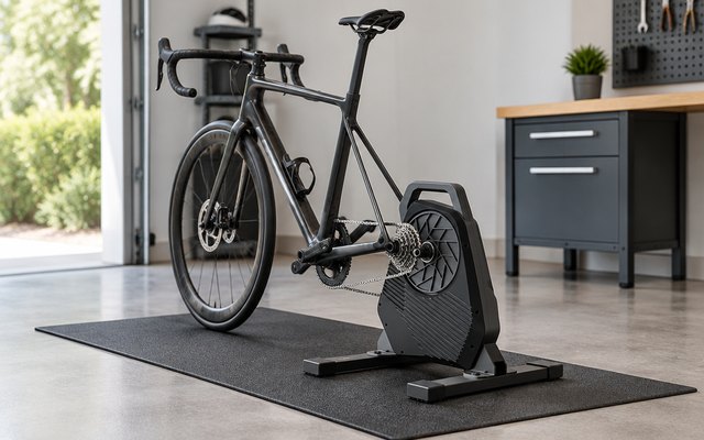 ThinkRider X2Max smart trainer, in a tidy garage on a black mat