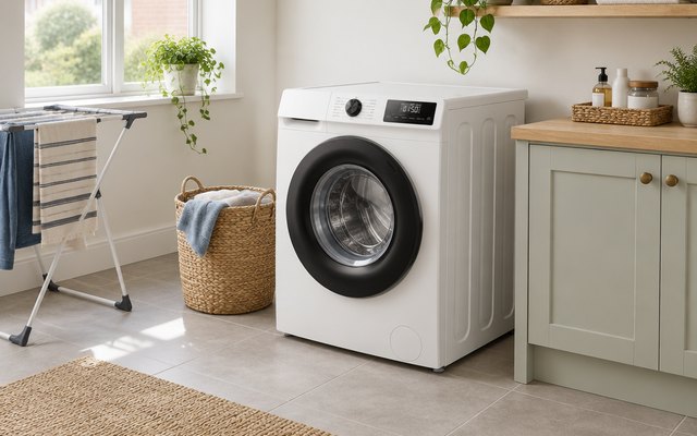 Hisense 10kg washing machine, in a spacious British utility room beside a laundry basket and a drying rack