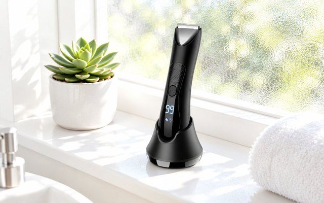 Black body trimmer standing in its charging dock on a bright bathroom windowsill