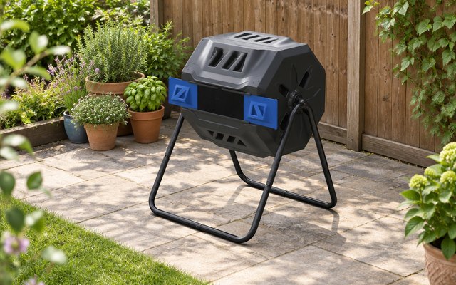 Compost tumbler, on the paved patio of a small British garden, pots of herbs and a wooden fence behind